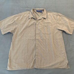 OP Shirt Mens XL Beige Button Up Short Sleeve Pocket Relaxed Fit Cotton Rayon